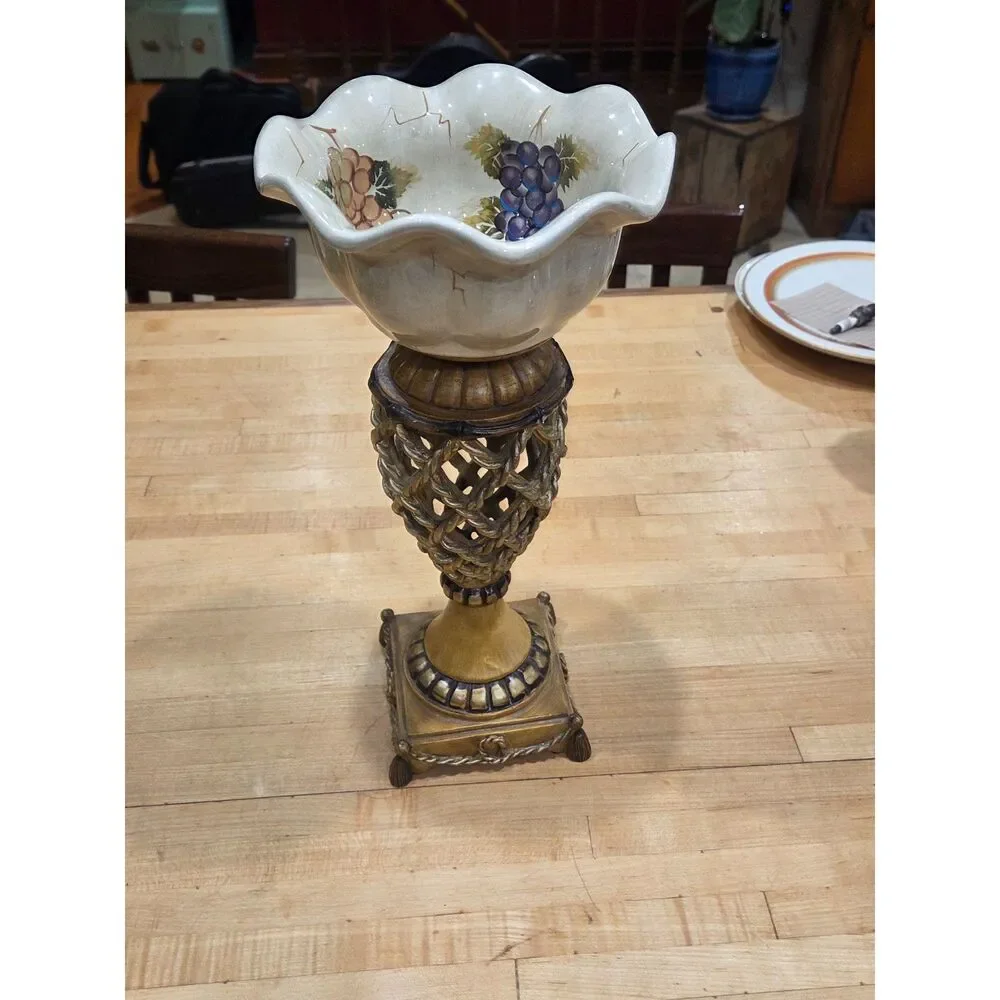Vintage Tuscan Style Grape Pattern Ceramic Pedestal Compote Bowl Centerpiece